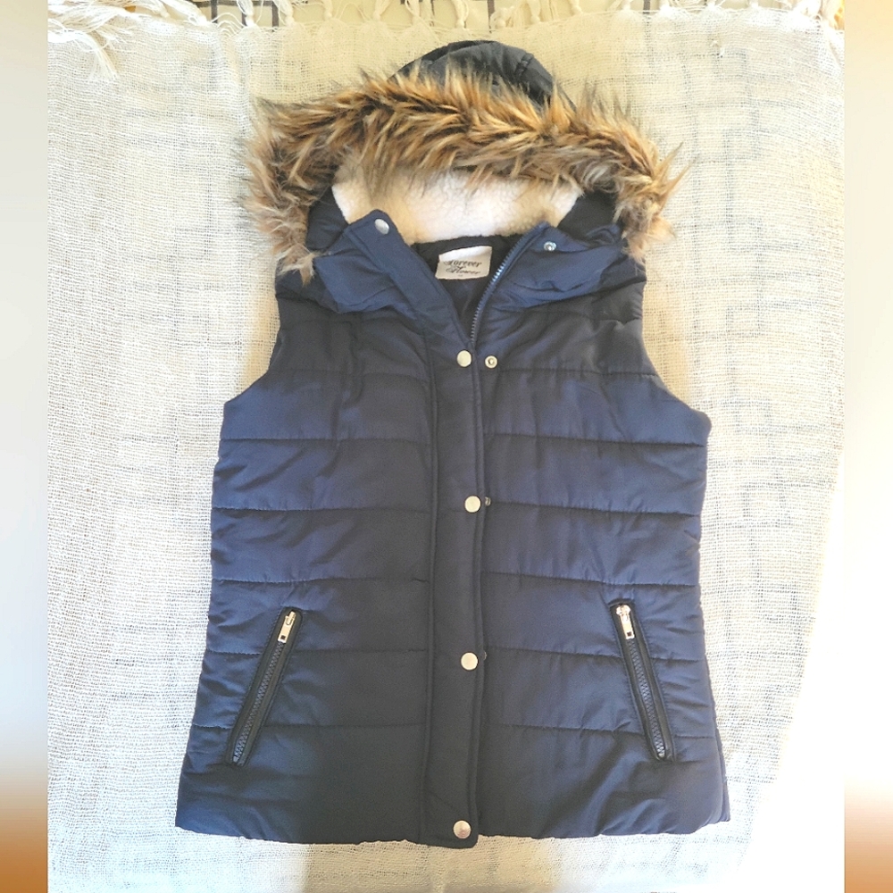 Forever Flower Navy Blue Hooded Puffer Vest